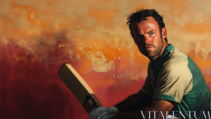 Contemplative cricket player rests against a blazing sunset backdrop