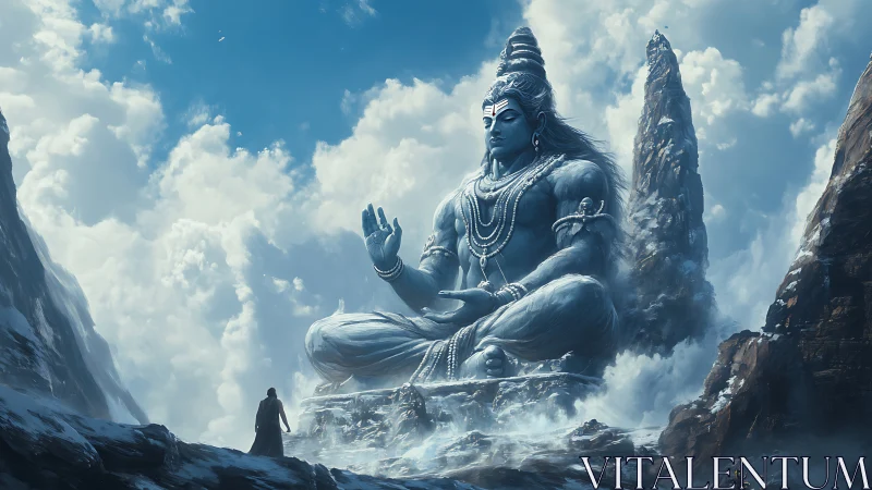 Colossal Shiva deity dominates icy Himalayan valley in mist