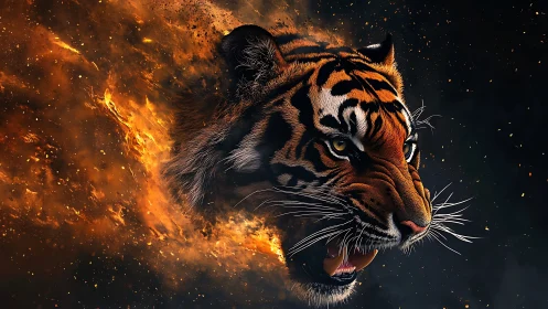 Tiger head emerging from swirling flames on dark background.