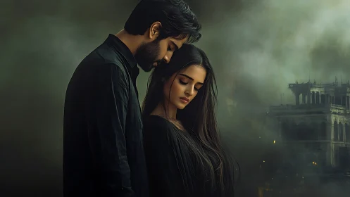 Digitally rendered couple in intimate proximity with Gothic architecture backdrop