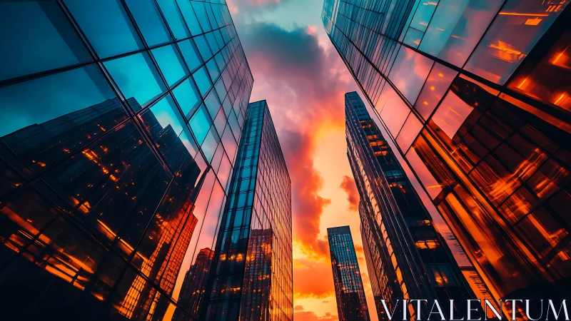 Glass skyscrapers mirror sunset fire across urban canyon