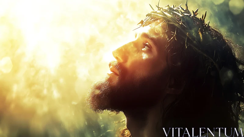 Bearded man with thorn crown looks toward intense golden light