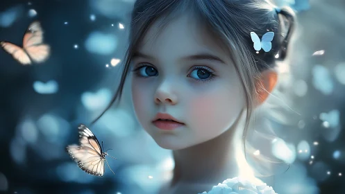 Young girl portrait with butterflies in ethereal blue setting