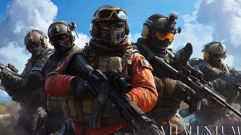 Tactical squad advances under bright sky with rifles ready