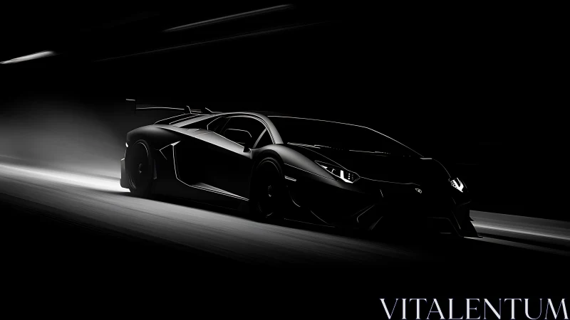 Low light profile of black sports car in motion underground.