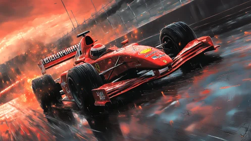 Rain-slashed scarlet racer knifes through a track of sparks.