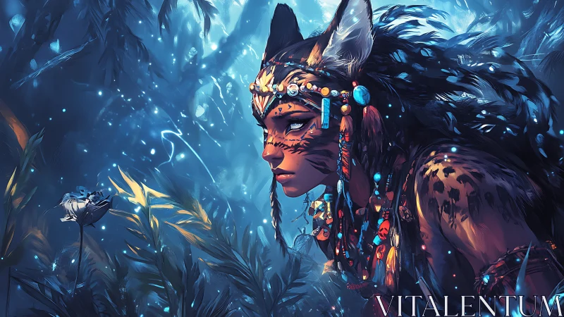 Mystic jungle huntress listening to the glowing night.