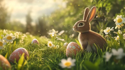 Gentle springtime bunny resting among sunlit painted eggs.
