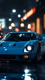 Classic blue sports car under neon night bokeh lighting