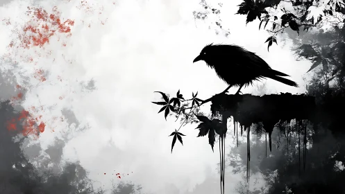 Silhouetted crow on dripping branch in high contrast ink wash