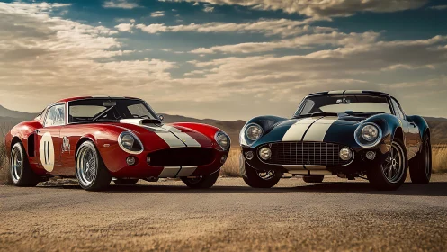 Classic racing sports cars parked on open desert road.