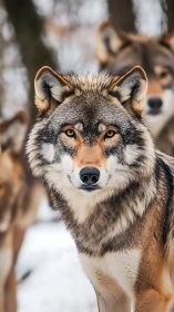 Gentle wolf gazing calmly in a quiet winter forest scene.