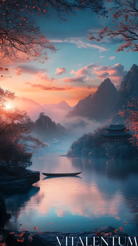 Sunset boat drifts through tranquil misty mountain lake scene.