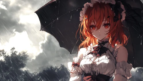 Red haired gothic girl stands in storm rain under umbrella