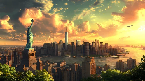 Sunlit New York harbor skyline with Statue of Liberty vista