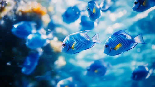 Blue striped reef fish glide through sunlit tropical water