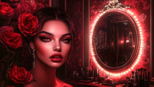 Glamorous woman in crimson vanity lit by halo mirror.