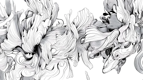 Monochrome fluid linework forms dense abstract organic structures