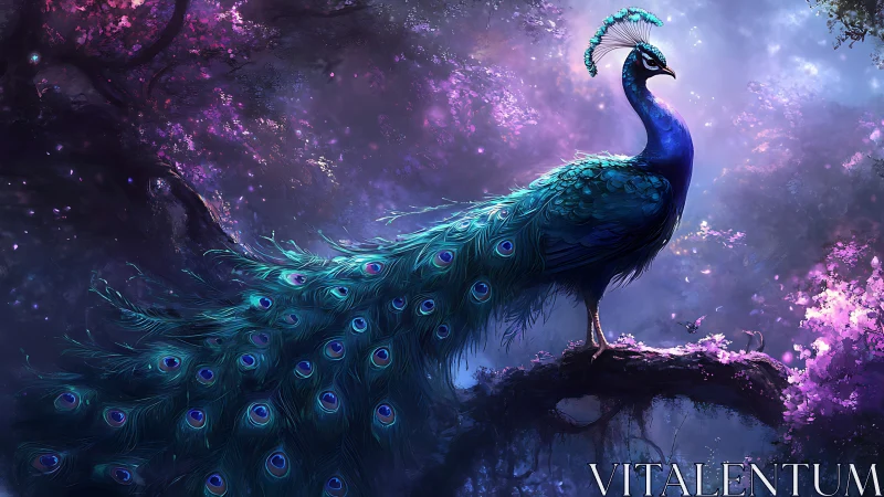 Majestic peacock glows in a dreamlike violet forest night