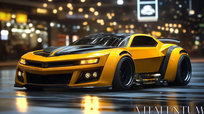 Yellow modified sports car in reflective night streetscape.