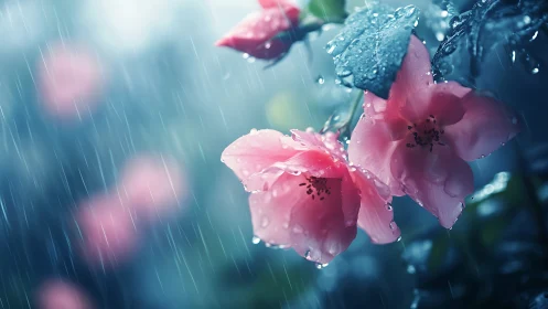 Pink Blossoms Drenched in Rain and Droplets.