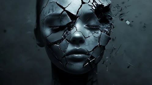 Fragmented metallic visage with shattering facial shell in focus.