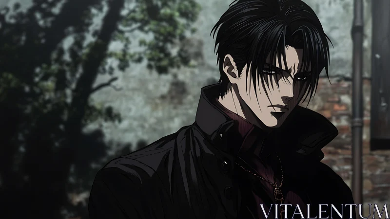 Brooding anime antihero stands in moody urban alleyway