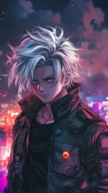 White-haired urban antihero rendered in neon anime chiaroscuro