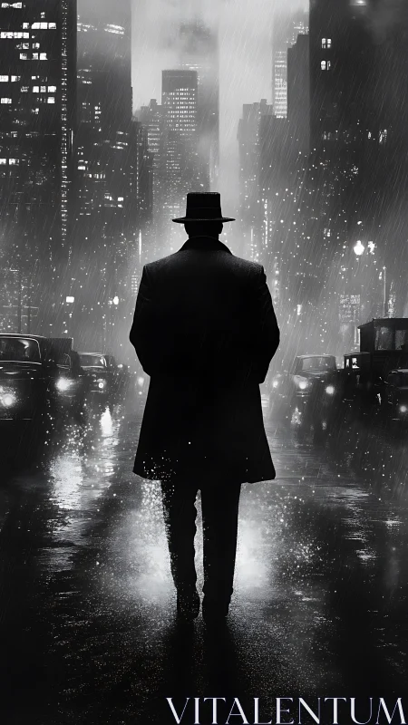 Lone stranger in a rainy noir city street at night.