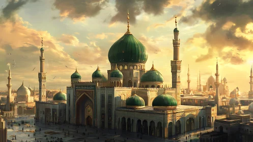 Golden sunset illuminates grand emerald-domed mosque complex.