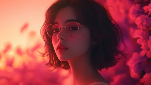 Soft sunset portrait bathes girl with glasses in neon glow.