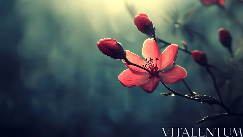 Red blossoms glow against misty atmospheric backdrop.