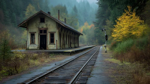 Fog-draped forest station waits beside rain-dark tracks.