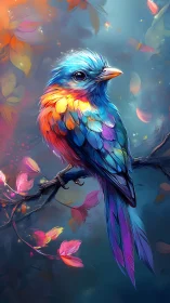 Chromatic avian study on branch in luminous spectral fog.