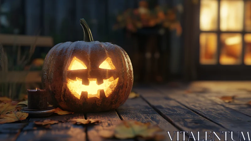 Glowing jack-o’-lantern on rustic autumn porch at dusk.