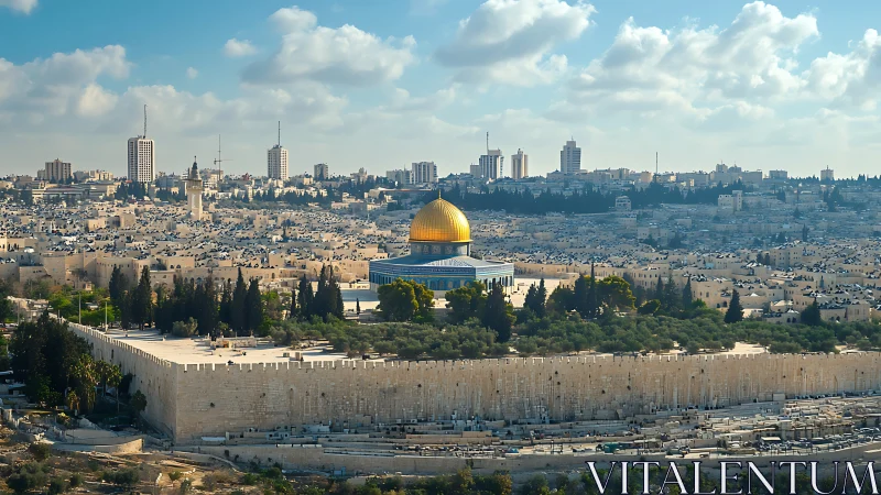 Golden-domed shrine rises over historic Jerusalem skyline.