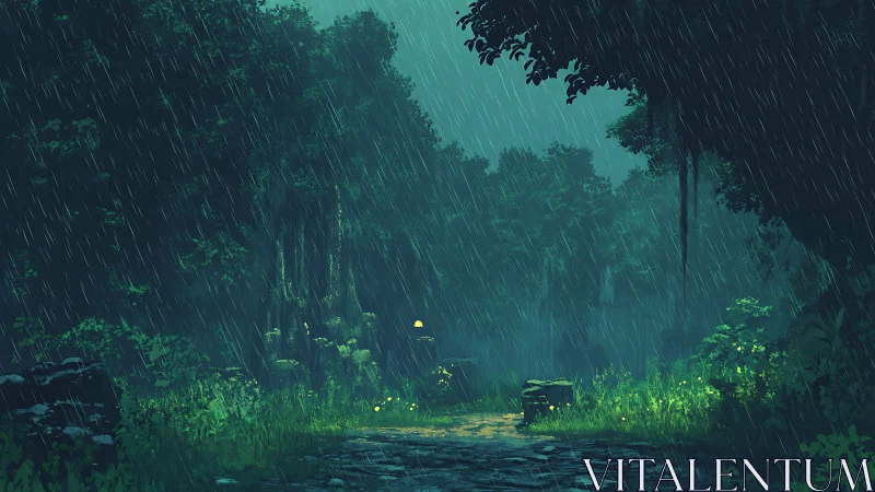 Rain-Soaked Forest Pathway: Atmospheric Digital Rendering.