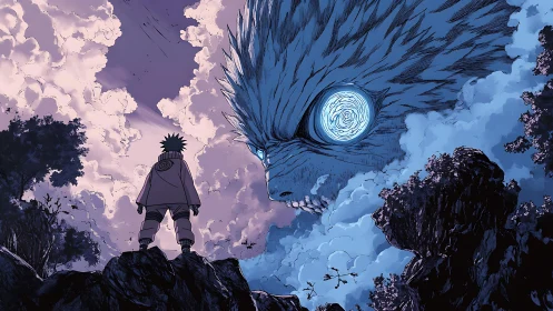 Stormlit anime confrontation with colossal sky beast.