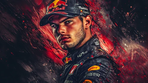 Racing driver portrait with sponsor logos on abstract red field.