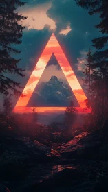 Triangular portal overlaying mountain landscape at dusk.
