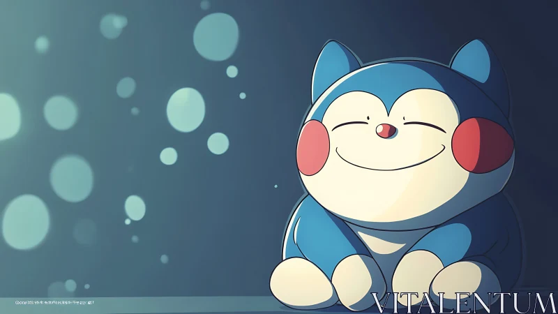 Plump blue daydreamer grinning in soft bubble light.