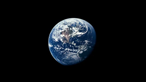 Satellite view of Earth showing continents and clouds in space.