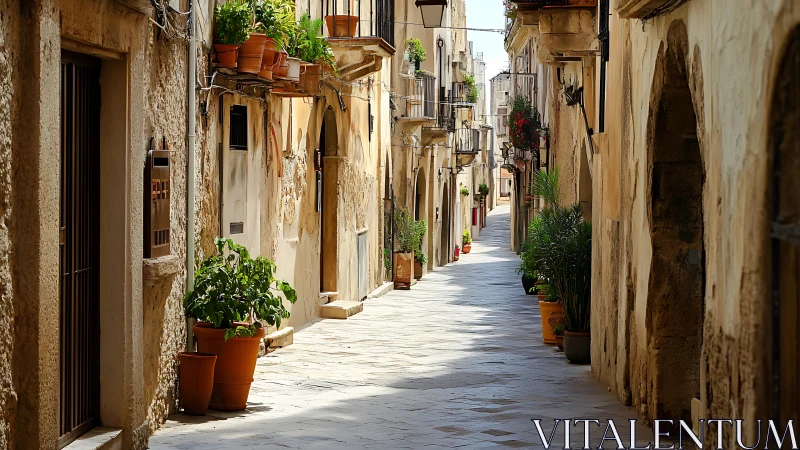Narrow Mediterranean alley with potted plants and facades.