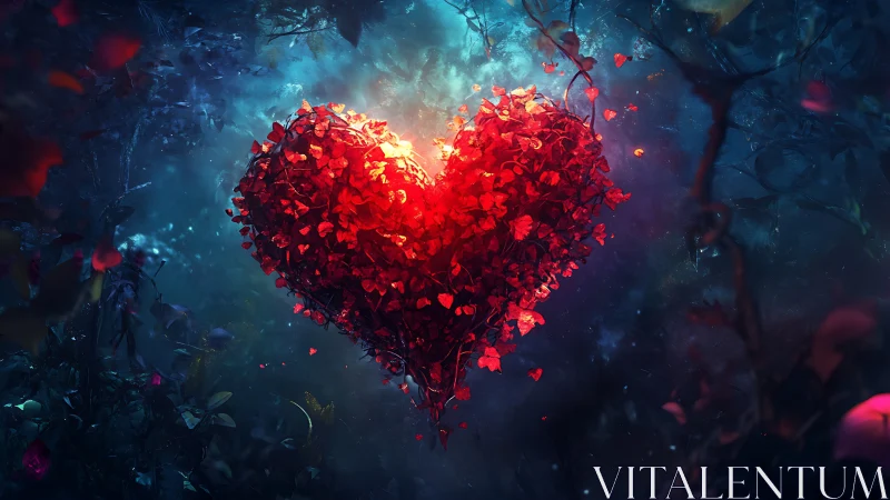 Luminous Heart Composed of Glowing Red Particles in Cosmic Forest