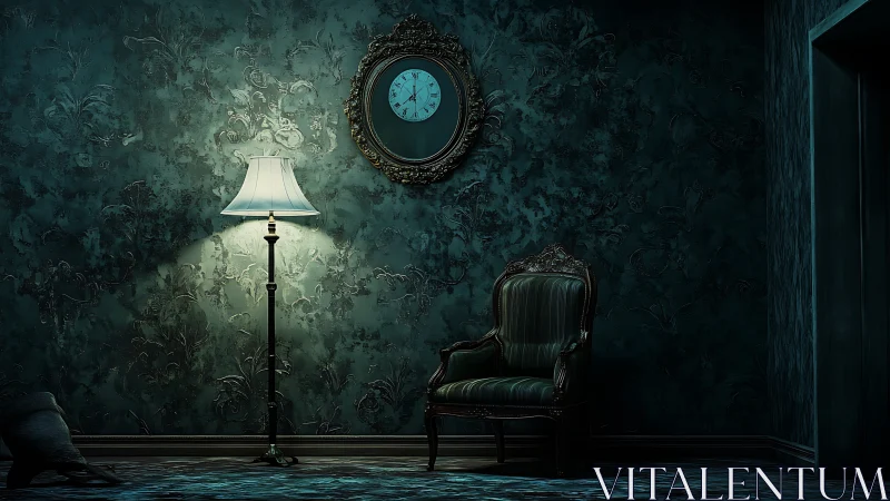 Moody green parlor where an antique chair guards the clock.