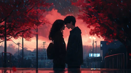 Young couple under red trees at sunset in rain.