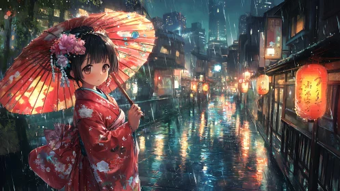 Kimono-clad girl under parasol in neon-lit rainy alleyway
