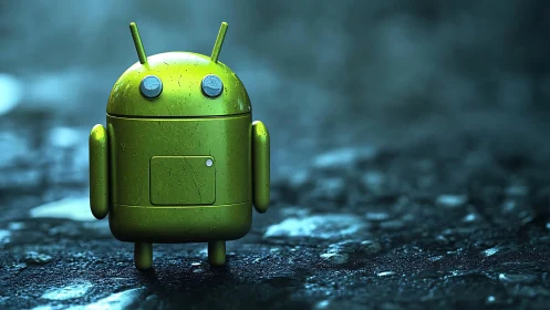 Green robot mascot model stands on wet reflective ground