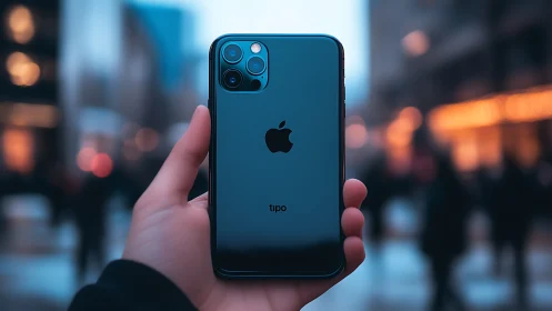 Flagship Smartphone on Urban Street at Dusk.