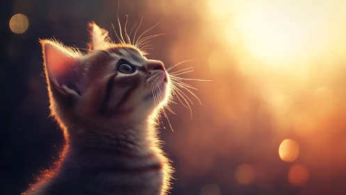 Cat gazes upward in golden sunset light.